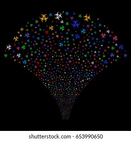 Biohazard salute stream. Vector illustration style is flat bright multicolored iconic symbols on a black background. Object source fountain created from random pictograms.