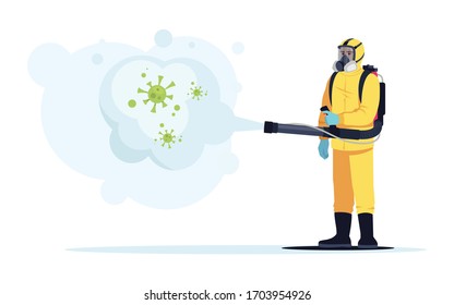 Biohazard semi flat RGB color vector illustration. Disinfection from virus outbreak. Contamination area sanitazation. Medical worker in protective suit isolated cartoon character on white background