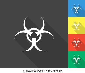 biohazard sign icon - gray and colored (blue, yellow, red, green) vector illustration with long shadow
