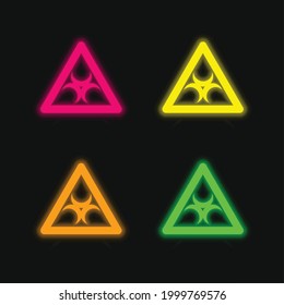 Signo de riesgo biológico dentro de un contorno triangular icono de vector neonato brillante de cuatro colores