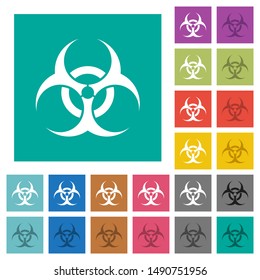 Biohazard sign multi colored flat icons on plain square backgrounds. Included white and darker icon variations for hover or active effects.
