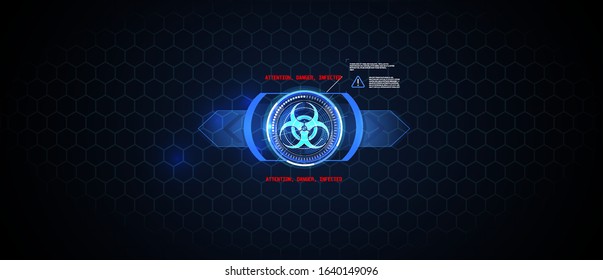 Biohazard sign, on an abstract background. Labels attention danger, virus epidemic. a map of the spread and infection in the world.