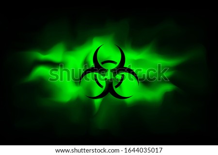 Biohazard sign on a background of infected green fog. Spreading smoke attack biological weapons. Dangerous haze poisoned. Vector illustration