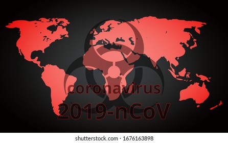 Biohazard sign on a world map background. Coronavirus COVID-2019. Deadly type of virus 2019-nCoV. Vector illustration