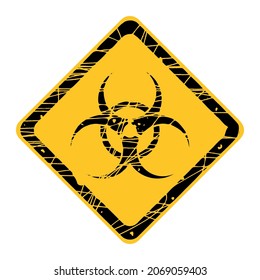 biohazard sign on yellow square, isolated quarantine symbol, covid-19 coronavirus pandemic illustration, old peeled paint texture