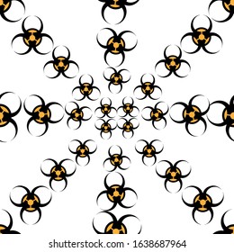 Biohazard sign. Symbol. Repeating vector pattern. Isolated colorless background. Flat style. Seamless ornament. Scientific background. Coronavirus COVID-19. Idea for web design, cover.
