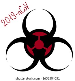 Biohazard sign. Warning symbol. Vector illustration. Isolated background. Outbreak of coronavirus infection covid19. Symbol for a laboratory. 2019-nCoV. Lettering. Agent, carrier, source, transmission