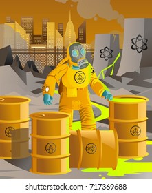 biohazard suit man with barrels near nuclear meltdown in powerplant