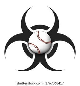 Biohazard symbol with baseball ball. Caution biological danger toxic sign. Baseball quarantined. Cancellation of sports tournaments. Vector illustration