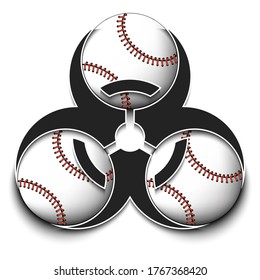 Biohazard symbol with baseball ball. Caution biological danger toxic sign. Baseball quarantined. Cancellation of sports tournaments. Vector illustration