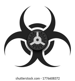Biohazard symbol with bicycle wheel. Caution biological danger toxic sign. Soccer quarantined. Cancellation of sports tournaments. Vector illustration