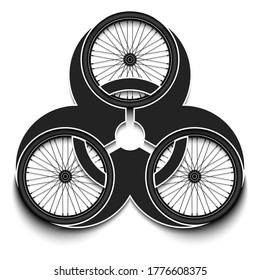 Símbolo de riesgo biológico con rueda de bicicleta. Precaución del signo tóxico del peligro biológico. El fútbol en cuarentena. Cancelación de torneos deportivos. Ilustración del vector