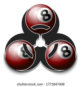 Símbolo de riesgo biológico con bola de billar. Precaución del signo tóxico del peligro biológico. Billiard en cuarentena. Cancelación de torneos deportivos. Ilustración del vector