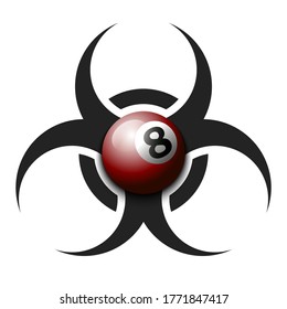 Biohazard symbol with billiard ball. Caution biological danger toxic sign. Billiard quarantined. Cancellation of sports tournaments. Vector illustration