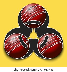Biohazard symbol with cricket ball. Caution biological danger toxic sign. Cricket quarantined. Cancellation of sports tournaments. Vector illustration
