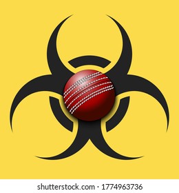 Biohazard symbol with cricket ball. Caution biological danger toxic sign. Cricket quarantined. Cancellation of sports tournaments. Vector illustration