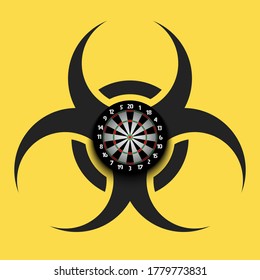 Biohazard symbol with dartboard. Caution biological danger toxic sign. Darts quarantined. Cancellation of sports tournaments. Vector illustration