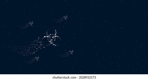 A biohazard symbol filled with dots flies through the stars leaving a trail behind. Four small symbols around. Empty space for text on the right. Vector illustration on dark blue background with stars
