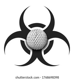 Símbolo de riesgo biológico con bola de golf. Precaución del signo tóxico del peligro biológico. Golf en cuarentena. Cancelación de torneos deportivos. Ilustración del vector