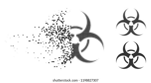 Biohazard symbol icon in dissipating, dotted halftone and undamaged whole versions. Points are combined into vector disappearing biohazard symbol pictogram.