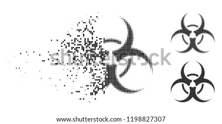 Biohazard symbol icon in dissipating, dotted halftone and undamaged whole versions. Points are combined into vector disappearing biohazard symbol pictogram.