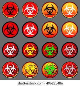 Biohazard symbol icon set. Web buttons. Symbol with grunge texture biohazard symbols isolated on dark background. Vector illustration, EPS10