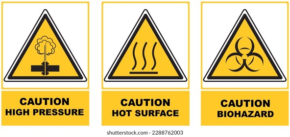 Biohazard symbol indicating a biological threat.
Industrial warning sign for high pressure pipes.
Industrial warning sign for hot surface. Vector illustration, black and yellow sign.