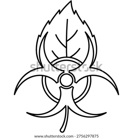 Biohazard symbol integrated with a leaf, representing eco-hazard, line art style