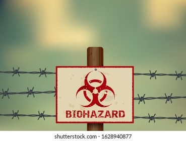 Biohazard symbol on a barbed wire fence.Vector illustration.