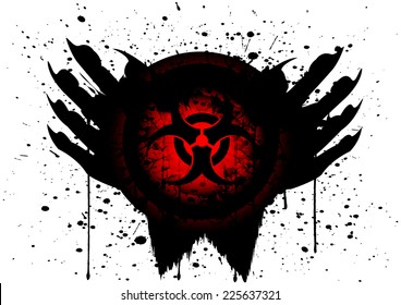 biohazard symbol on circle and hand blood drop isolate 