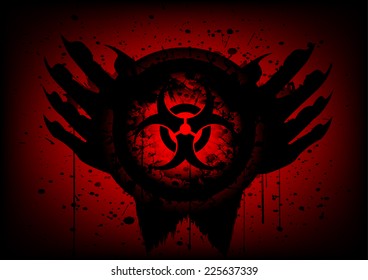 biohazard symbol on circle and hand blood drop background