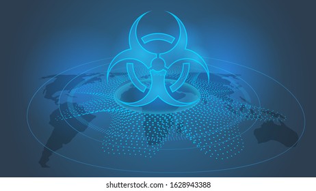 Biohazard symbol on a globe map background.Vector illustration.