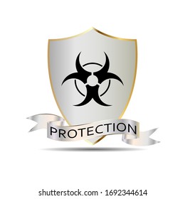 Biohazard symbol on a white shield with a protection ribbon. Vector.