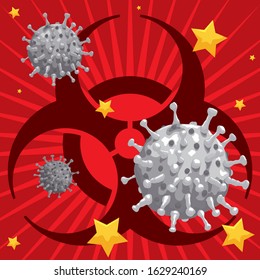 Biohazard symbol over red background with yellow stars like Chinese flag and coronavirus promoting awareness and care about this infection in Wuhan.