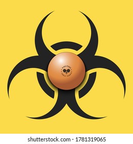 Biohazard symbol with ping-pong ball. Caution biological danger toxic sign. Ping-pong quarantined. Cancellation of sports tournaments. Vector illustration