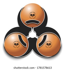 Biohazard symbol with ping-pong ball. Caution biological danger toxic sign. Ping-pong quarantined. Cancellation of sports tournaments. Vector illustration