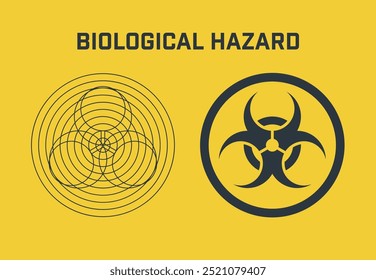 Símbolo de riesgo biológico. Icono de peligro geométrico simple. Ilustración vectorial negra aislada sobre un fondo amarillo.
