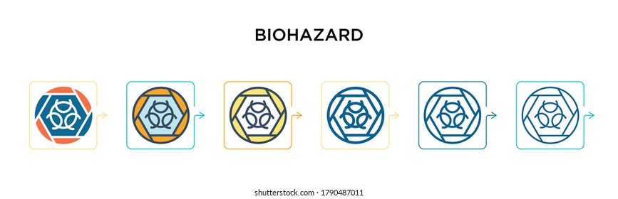 Biohazard symbol vector icon in 6 different modern styles. Black, two colored biohazard symbol icons designed in filled, outline, line and stroke style. Vector illustration can be used for web, 