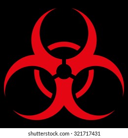 Biohazard Symbol vector icon. Style is flat symbol, red color, rounded angles, black background.