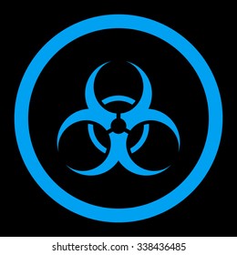 Biohazard Symbol vector icon. Style is flat rounded symbol, blue color, rounded angles, black background.
