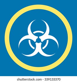 Biohazard Symbol vector icon. Style is bicolor flat rounded symbol, yellow and white colors, rounded angles, blue background.