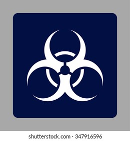 Biohazard Symbol vector icon. Style is flat rounded square button, white and dark blue colors, silver background.