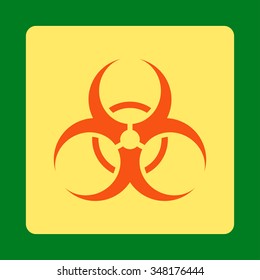 Biohazard Symbol vector icon. Style is flat rounded square button, orange and yellow colors, green background.