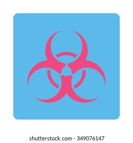 Biohazard Symbol vector icon. Style is flat rounded square button, pink and blue colors, white background.