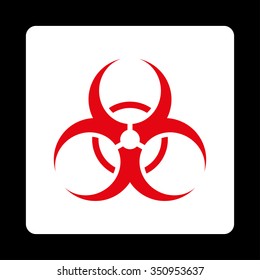 Biohazard Symbol vector icon. Style is flat rounded square button, red and white colors, black background.