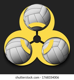 Biohazard symbol with volleyball ball. Caution biological danger toxic sign. Volleyball quarantined. Cancellation of sports tournaments. Vector illustration