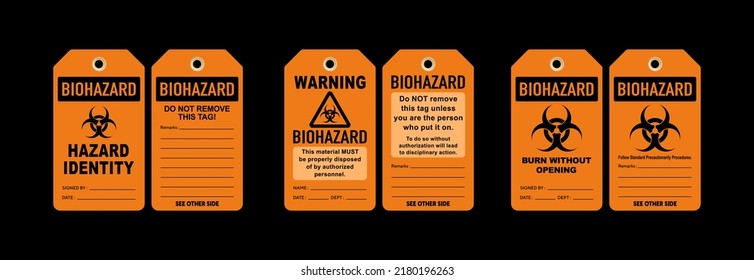 Biohazard tag vector illustrations. front and back templates of three different designs. Isolated on black background.