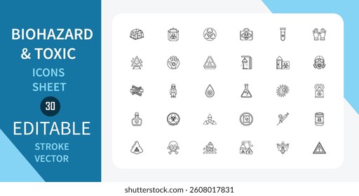 Biohazard and Toxic line icons set. Poison, Pollution, Waste, Medical, Healthcare and more. Outline vector icon in linear style. Editable stroke. Vector illustration.