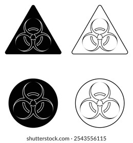 Conjunto de ícones do vetor de risco biológico. Sinal de aviso de material perigoso, precaução de segurança. Risco de radioatividade, símbolo nuclear e tóxico.