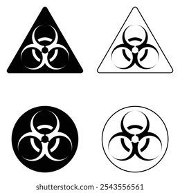 Conjunto de ícones do vetor de risco biológico. Sinal de aviso de material perigoso, precaução de segurança. Risco de radioatividade, símbolo nuclear e tóxico.